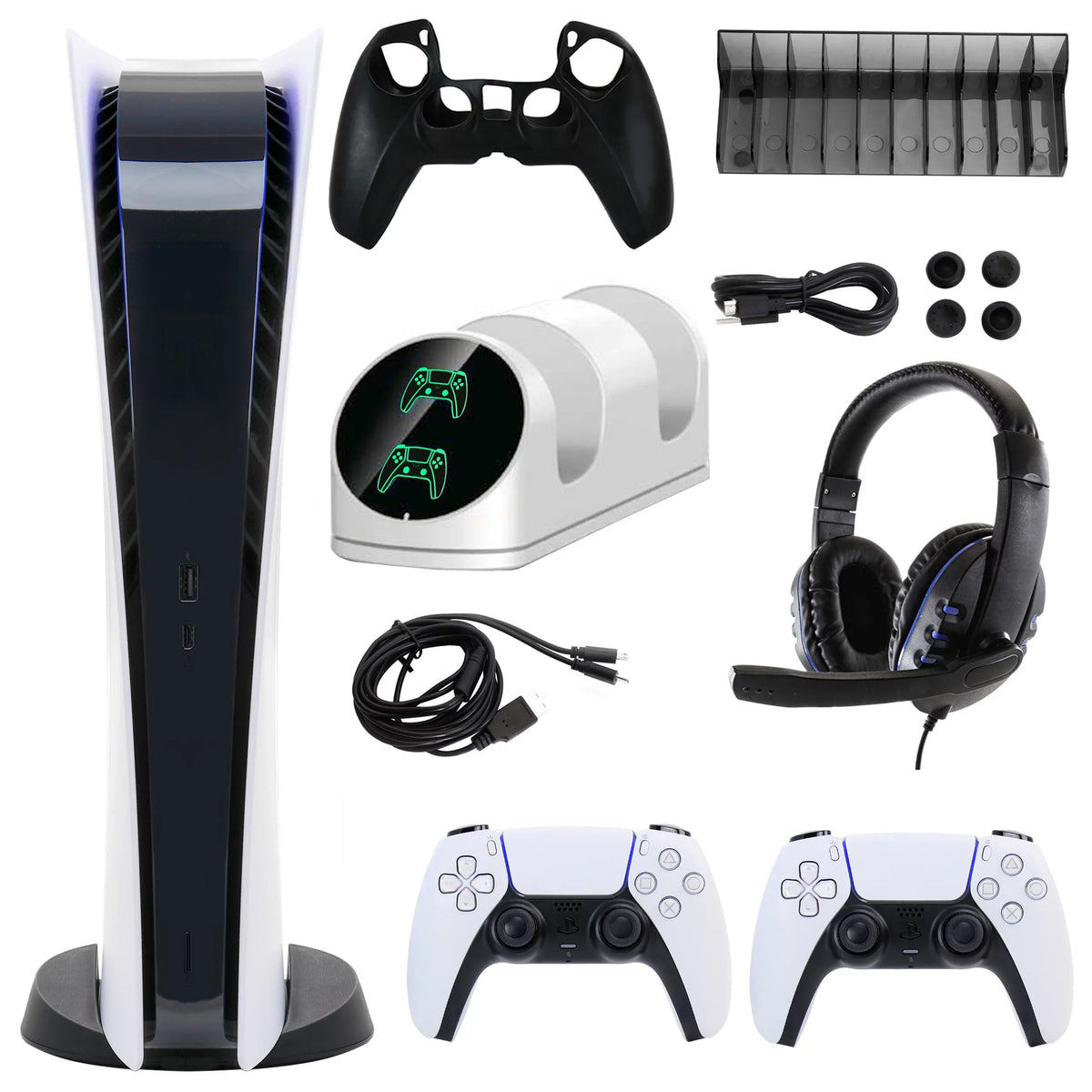 Dualsense Console (PS5, PlayStation PlayStation Kit Digital Version) and with 5 Extra White Controller Accessories Digital