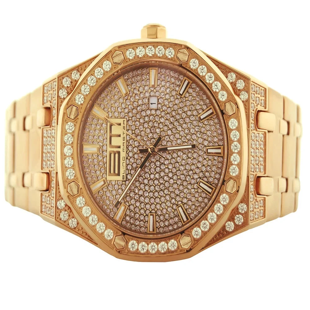 18K Steel Watch Analog Custom Bling Finish Diamond Mens Simulated Dial Gold Classic Solid Stainless Rose Master