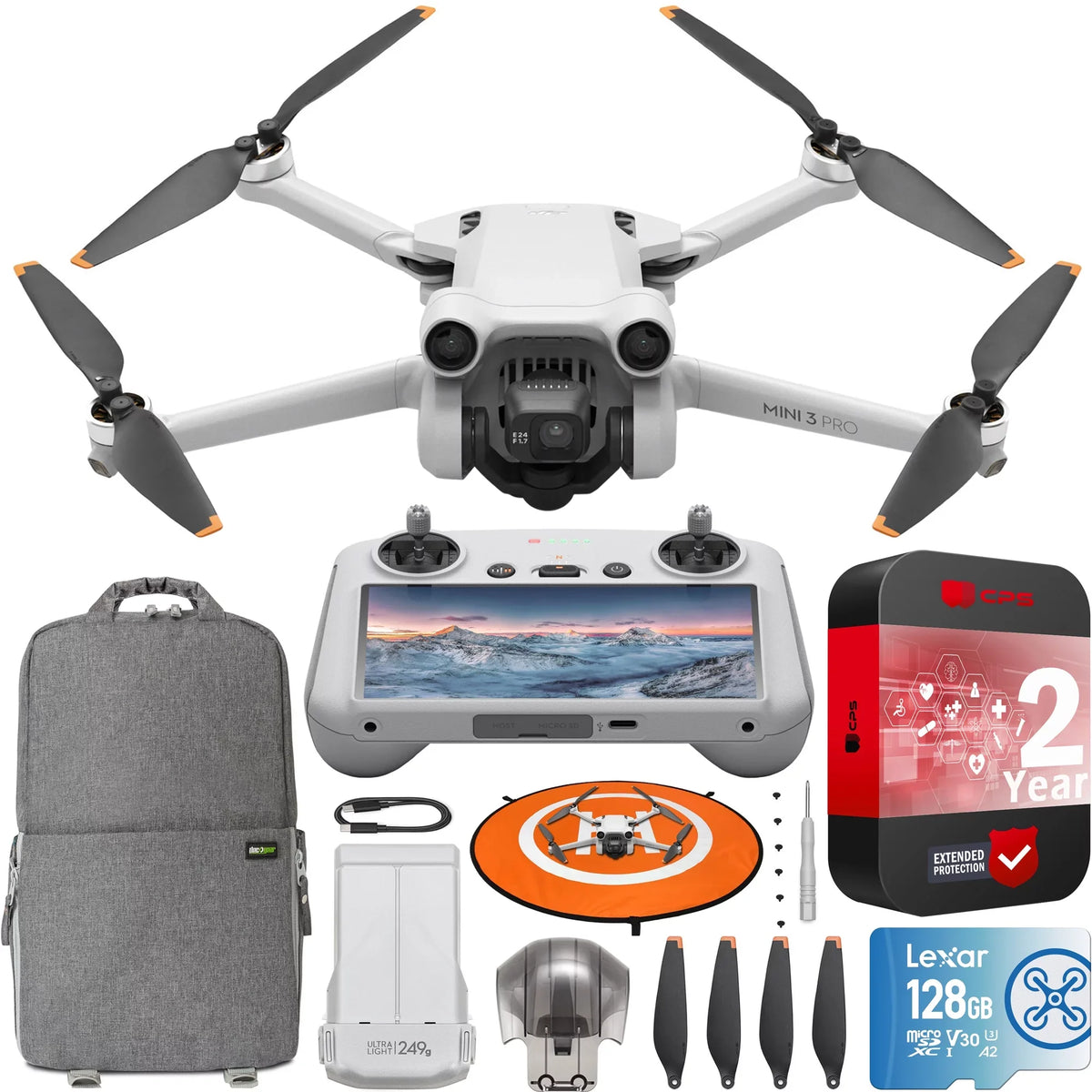 Remote Backpack Tri-Directional Obstacle Pro 3 Card Smart 4K/60fps 128GB DJI Screen) Quadcopter (With Flight 34min Bundle w/ Mini + + Drone Sensing 48MP, &Accessories Deco RC Gear Time, Video, Camera