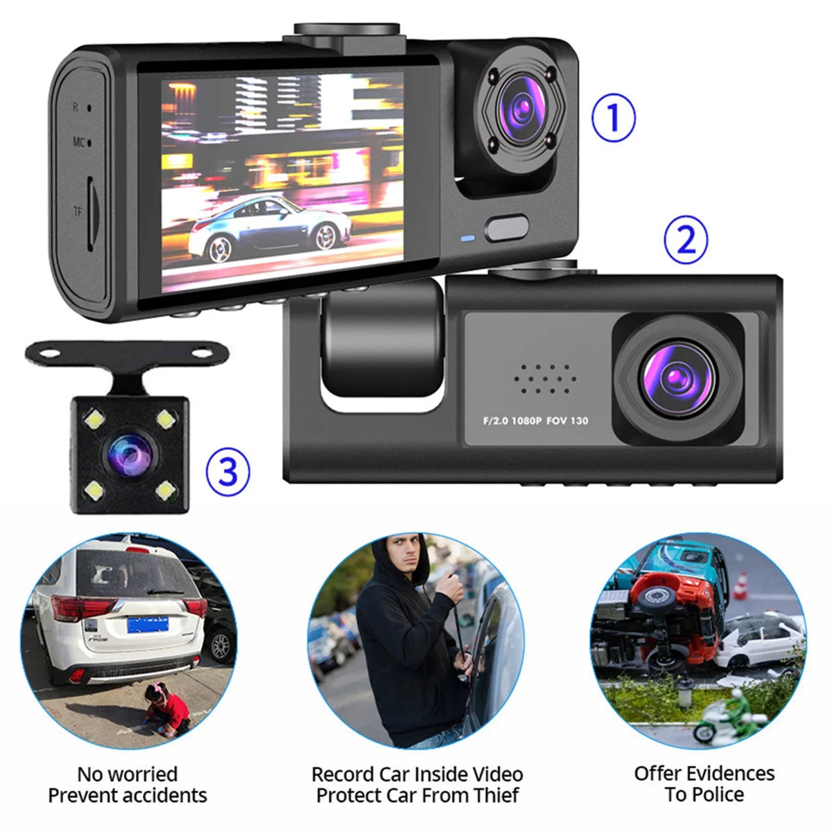Rearview Dash Dash Cam Car Safety,3-in-1 for Mirror Moobody Safety Versatile Car Cam,1080P+720P+480p, Car