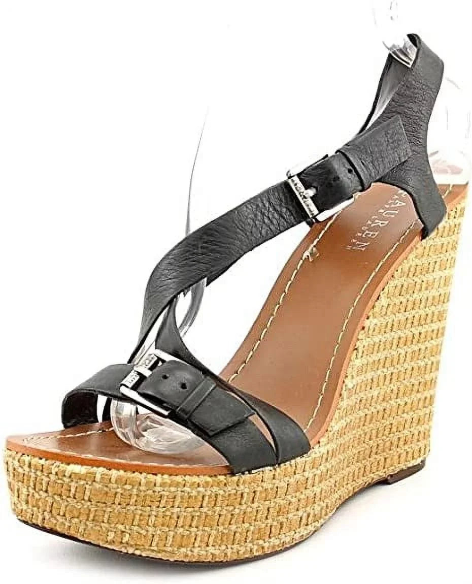 Lauren Black Leather Womens New Lauren 9 Dover dimension Shoes Ralph Sandals Wedge