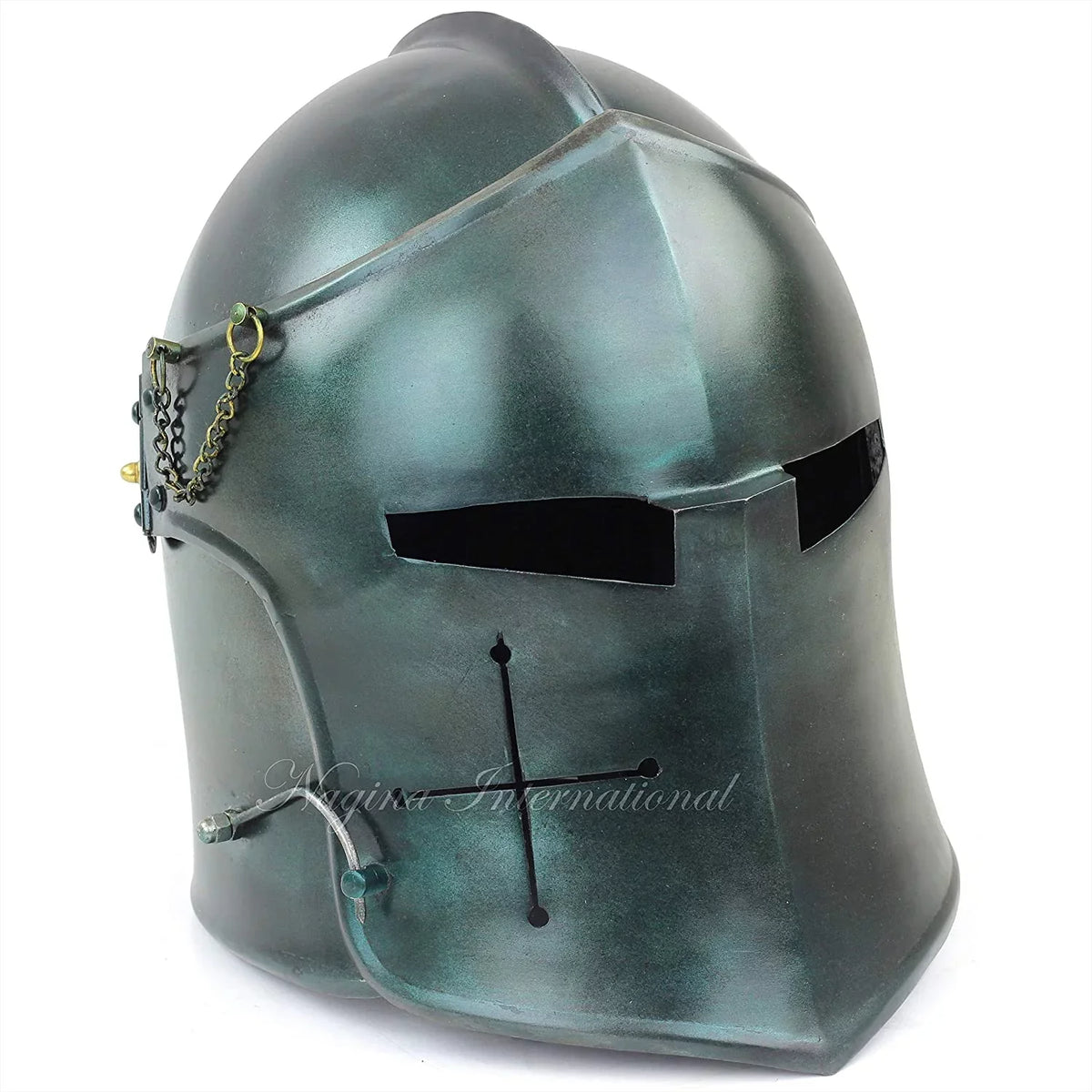 Knights International Visored Templar Armory | Barbuta for Medieval Crusader's Brushed Costumes Steel Helm & Larpers Helmet Nagina (Army Props Green)