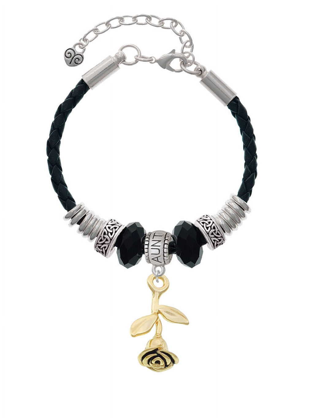 Celtic Bracelet, Delight Rose Bead Goldtone Aunt Stemmed 7"+2" Leather Jewelry Extender Knot