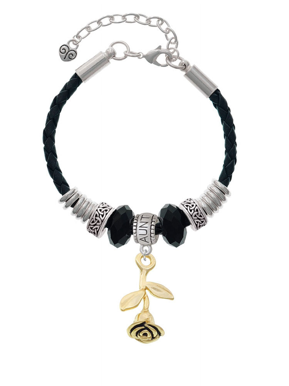 Celtic Bracelet, Delight Rose Bead Goldtone Aunt Stemmed 7"+2" Leather Jewelry Extender Knot
