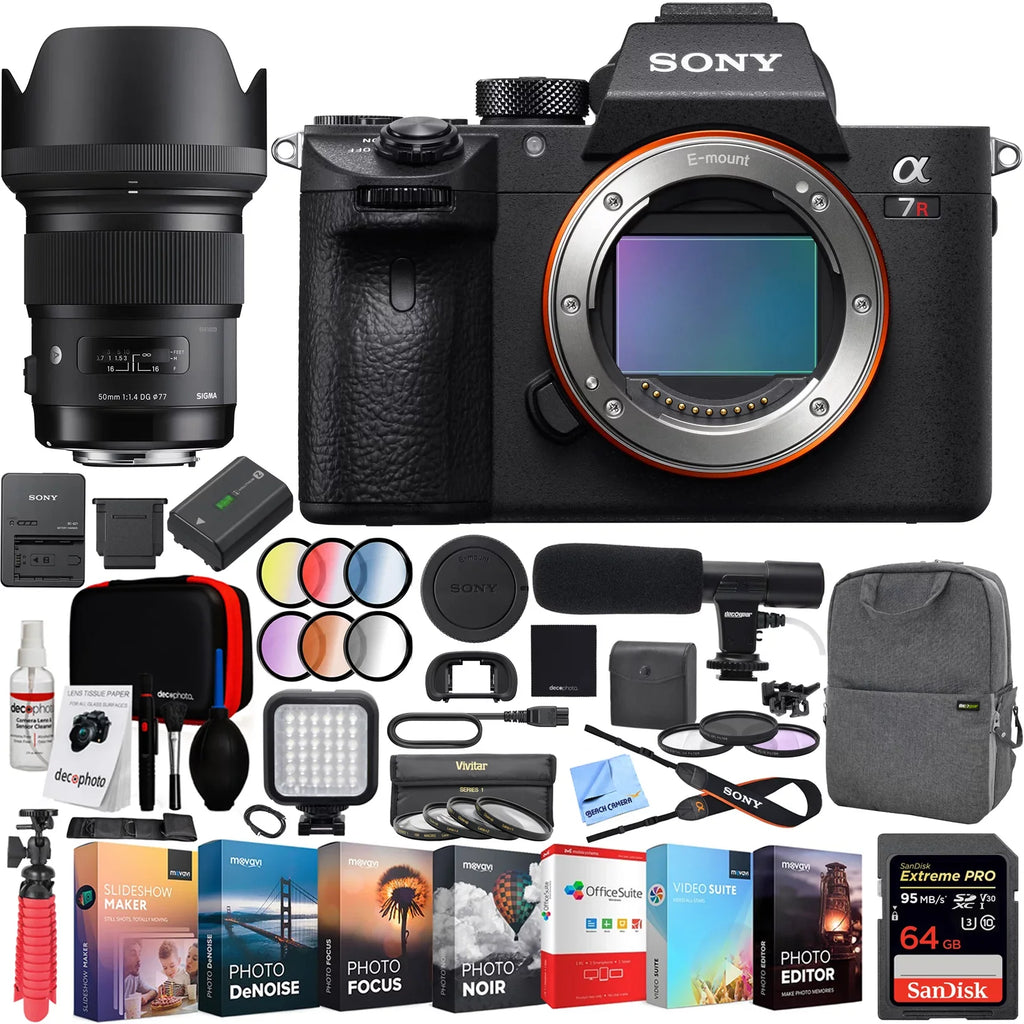 Sigma 50mm Suite Body DG Bundle Lens Full-frame Lens Mirrorless F1.4 a7R Interchangeable Gear and Kit with Deco (ILCE7RM3/B) E-mount Camera Microphone Editing 42.4MP ART Backpack III HSM