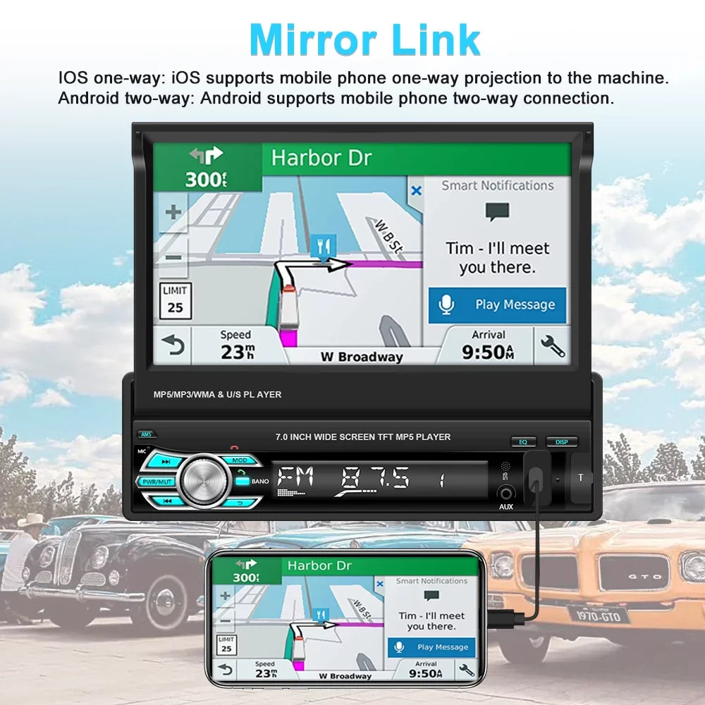 Backup Camera Auto Android Radio Auto with Car Touchscreen HD DIN Player Bluetooth Stereo Carplay 1 Link Function, Universal FM Mirror 7" LED Retractable 12 Podofo Single Video