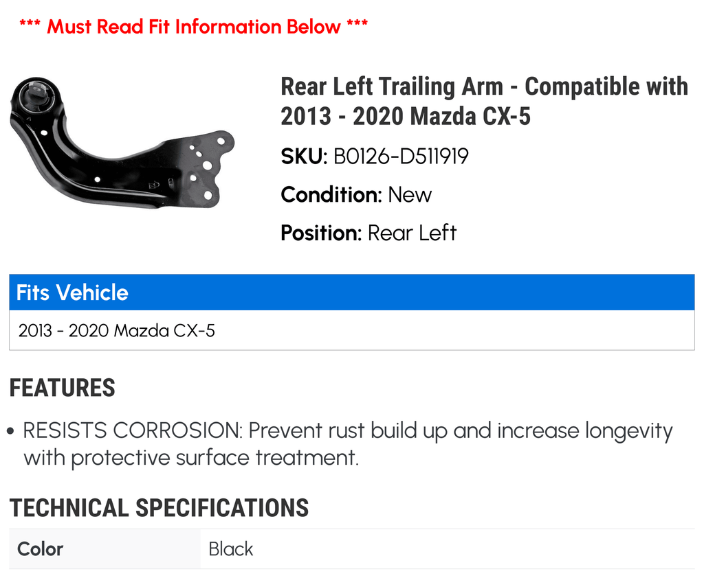 Trailing Arm with Rear 2019 Mazda 2015 2020 2014 2017 - CX-5 Left Compatible 2016 2013 2018 -