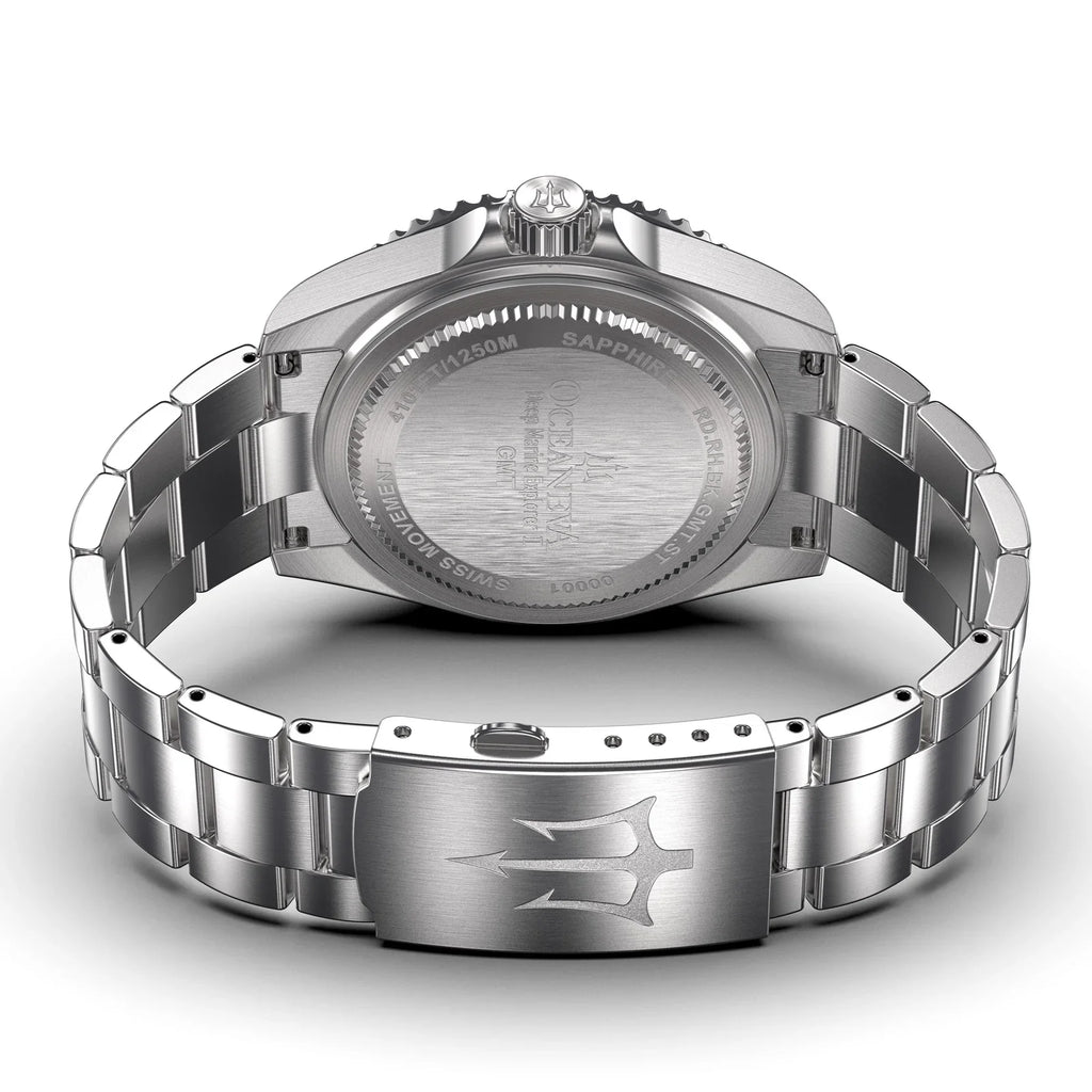 1250M Explorer Red Movement Pro Oceaneva™ Steel Men's Deep GMT and Swiss Diver Watch Stainless Quartz, Black- Marine Bracelet