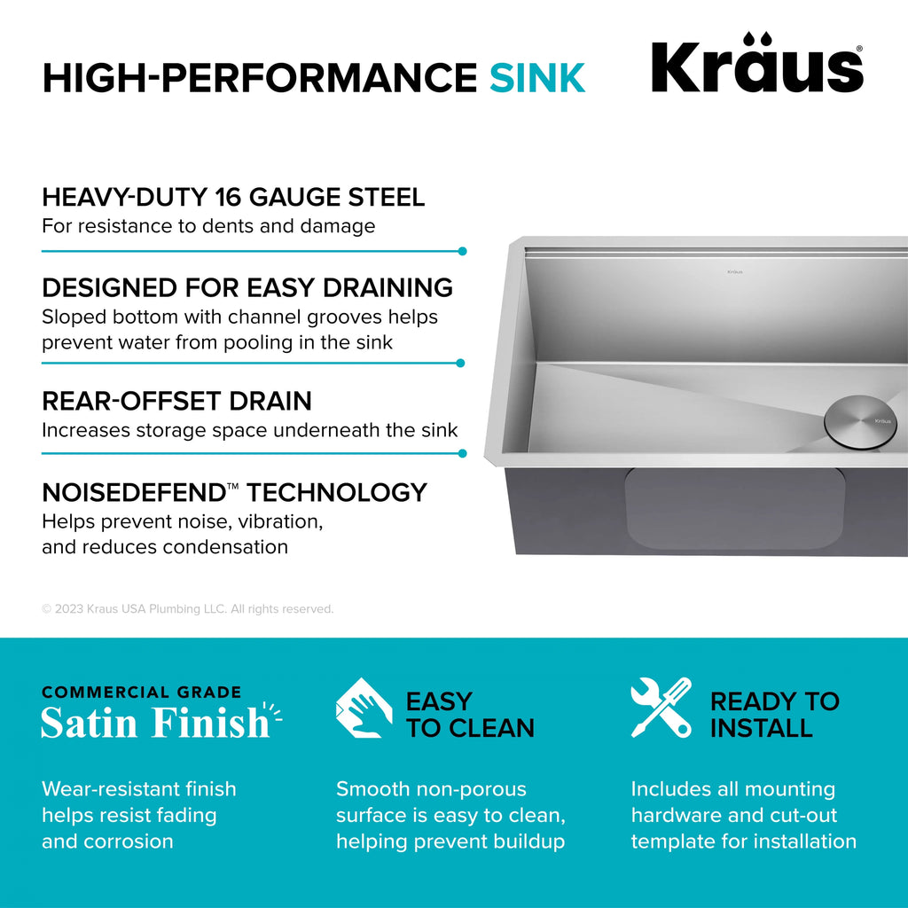 16 Kore Single 28Undermount Steel with Accessories Sink Workstation Kitchen Stainless Kraus Bowl Gauge