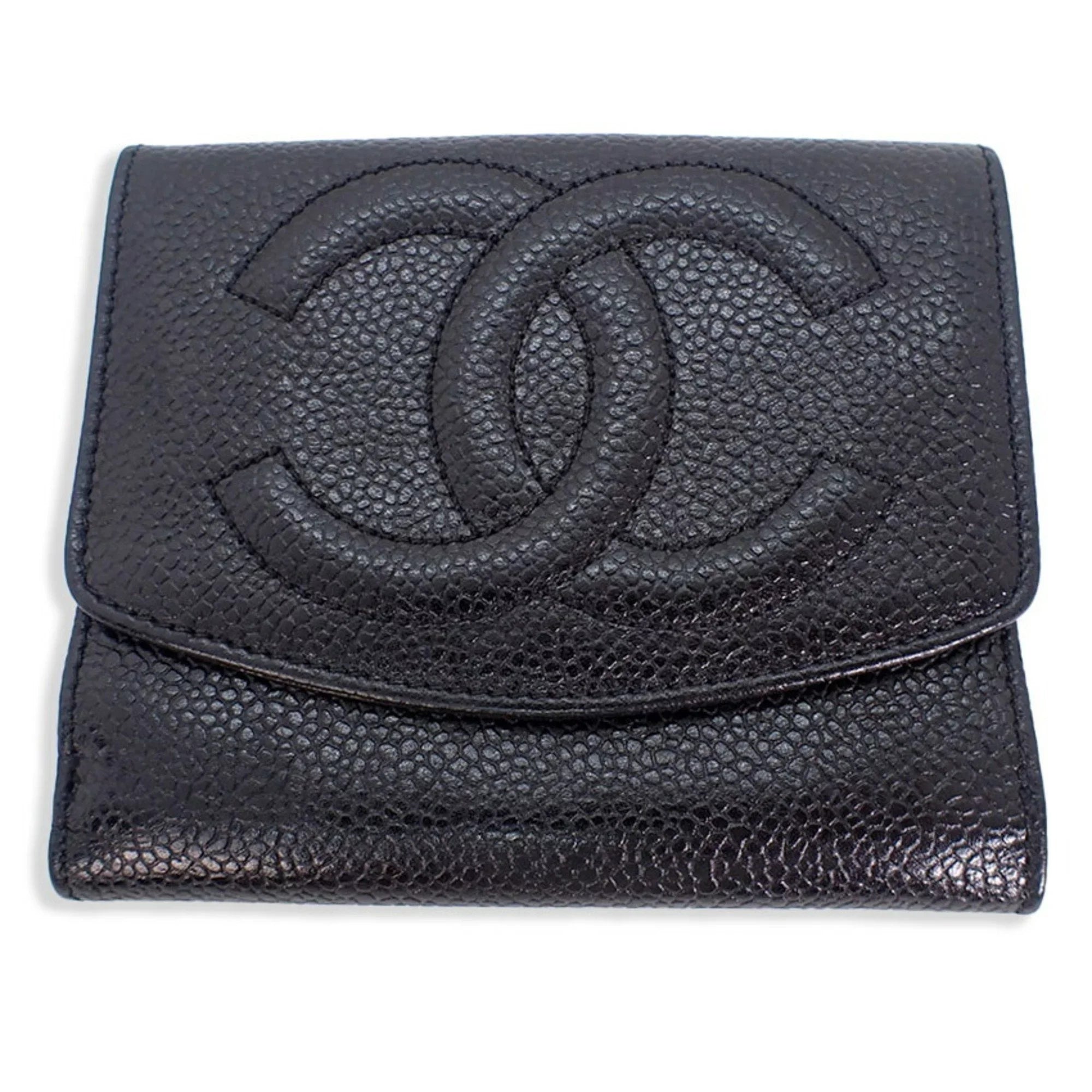 Pre-Owned trifold caviar skin (Good) black wallet