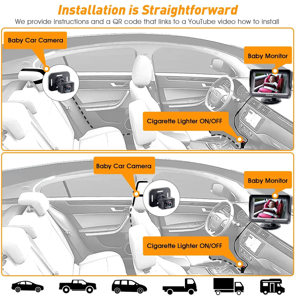 Baby Two and with -V33 Night Backseat Facing Camera Camera Plug Crystal Rear Play Rotating Camera Monitor 3 Mins 1080P: Install Car Kids Baby HD DoHonest Vision Easy 360&deg; Car