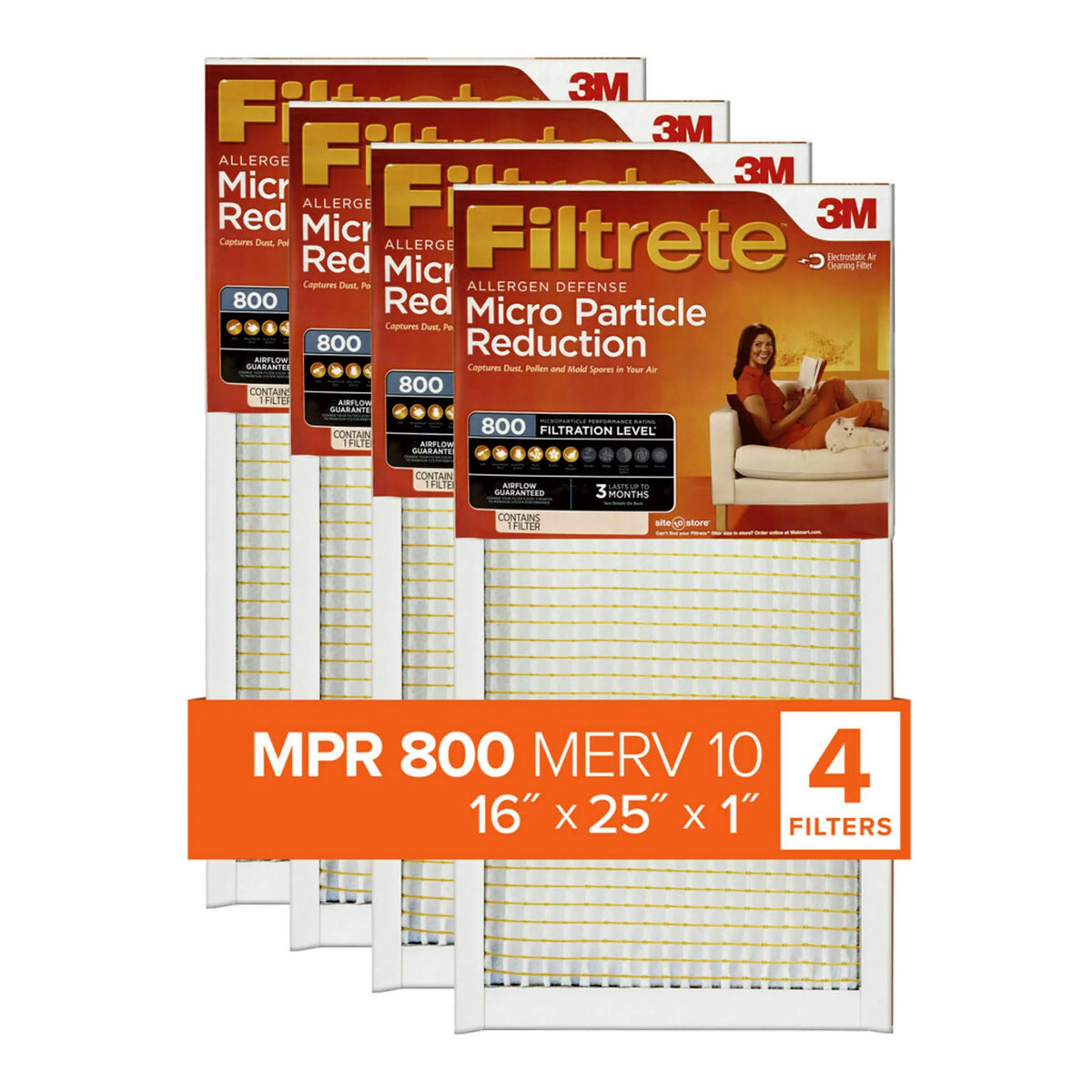 16x25x1, 10, 4 Furnace HVAC Filters Micro Air Reduction MPR, 800 Particle MERV Filter, Filtrete