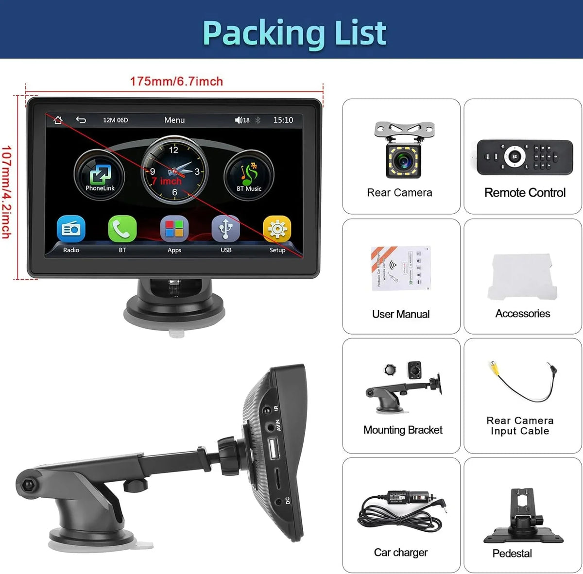 FM Bluetooth Camera Portable Radio with Podofo Android Wireless Screen Link 12-30V Touch TF/USB Carplay Stereo Backup Mirror for Auto Car Car Pickup, 7" Suv Van