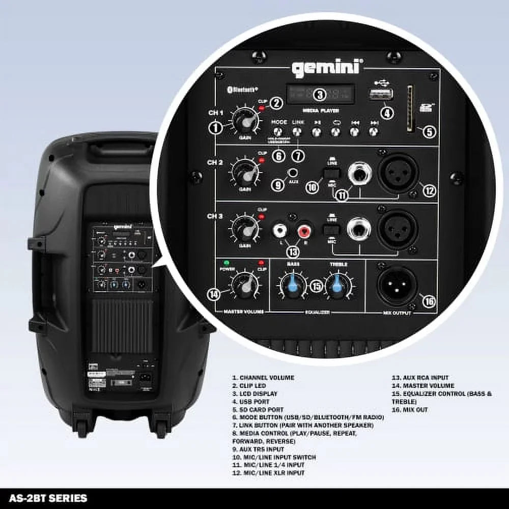 Watts 1500 System PA Inch DJ Active 12" Sound Bluetooth Pro RCA AS-2112BT New XLR Gemini Speaker