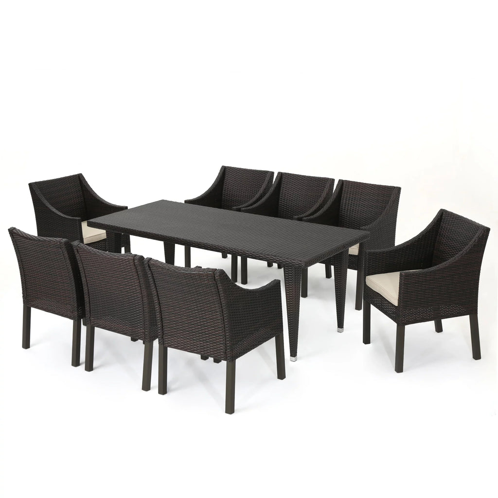 Wicker Rectangular Cushions, 9 exterior Noble Dining with Multibrown, Piece Arcadia Set Beige House