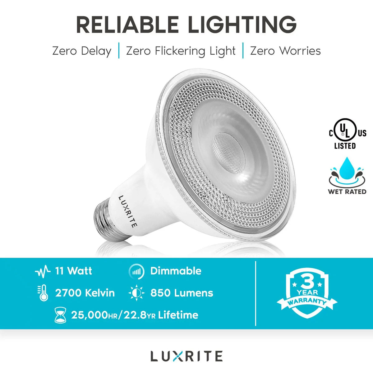 UL White LED 850 2700K PAR30 Lumens Flood Base Wet Light Rated Bulb Luxrite 11W Warm 12-Pack Listed E26 Dimmable
