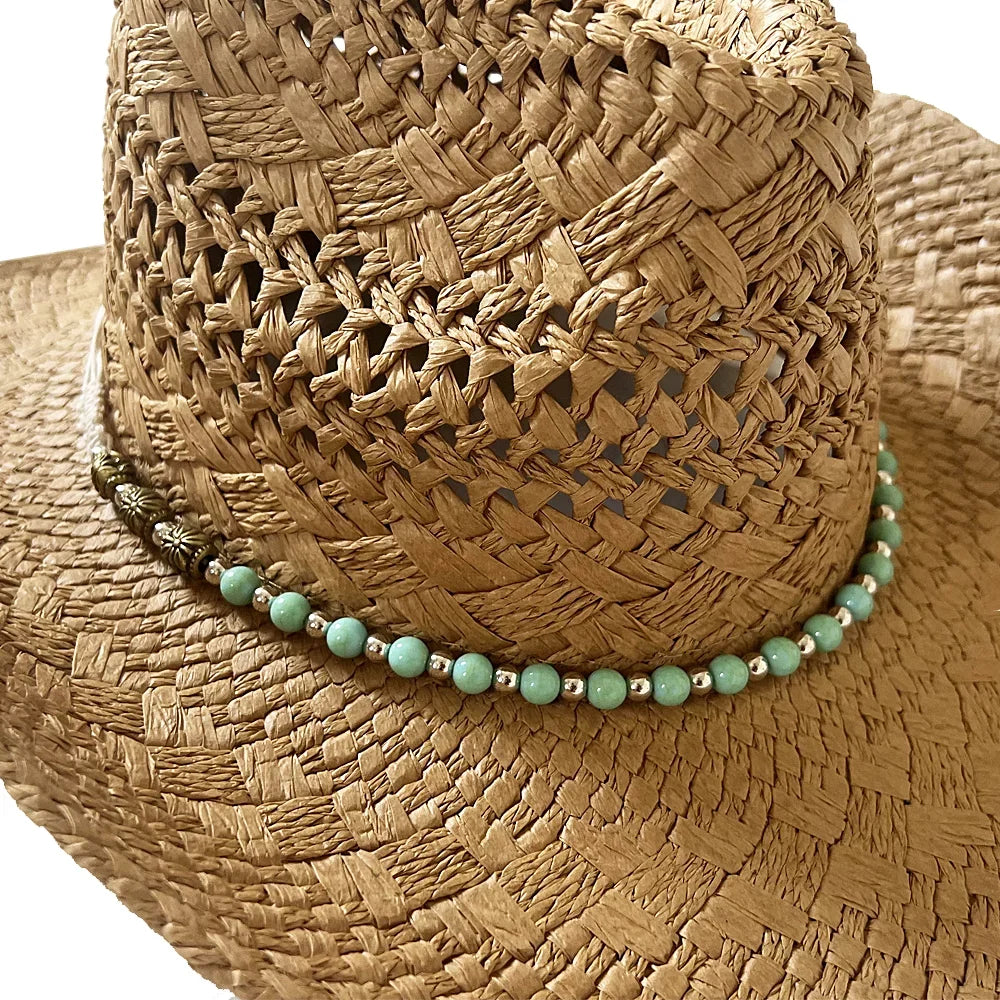 Women Sunshade Cowboy Hats Beach Hat With for Vintage Belt Men Keevoom Straw Bead