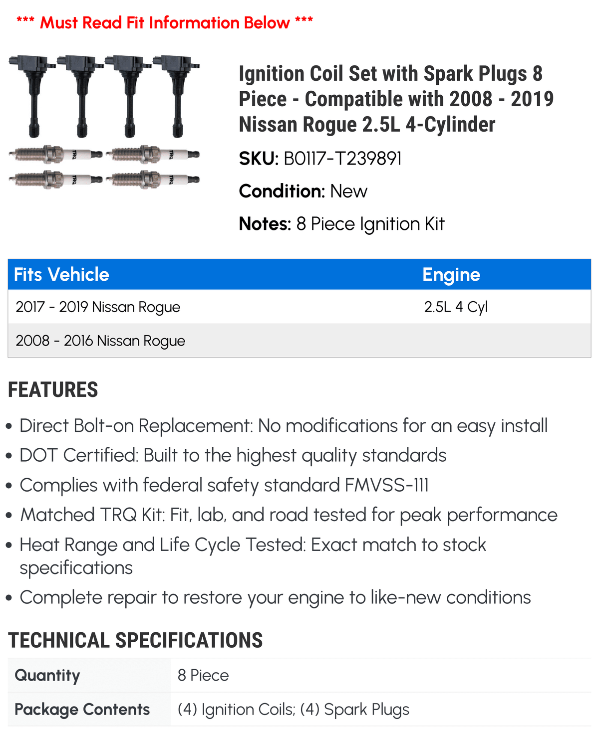 '- Coil 2019 2008 2.5L 2011 2012 Rogue 2010 2009 Piece Ignition Spark 2013 with 2017 2018 with Set Plugs 4-Cylinder 8 Nissan - Compatible 2016 2015 2014