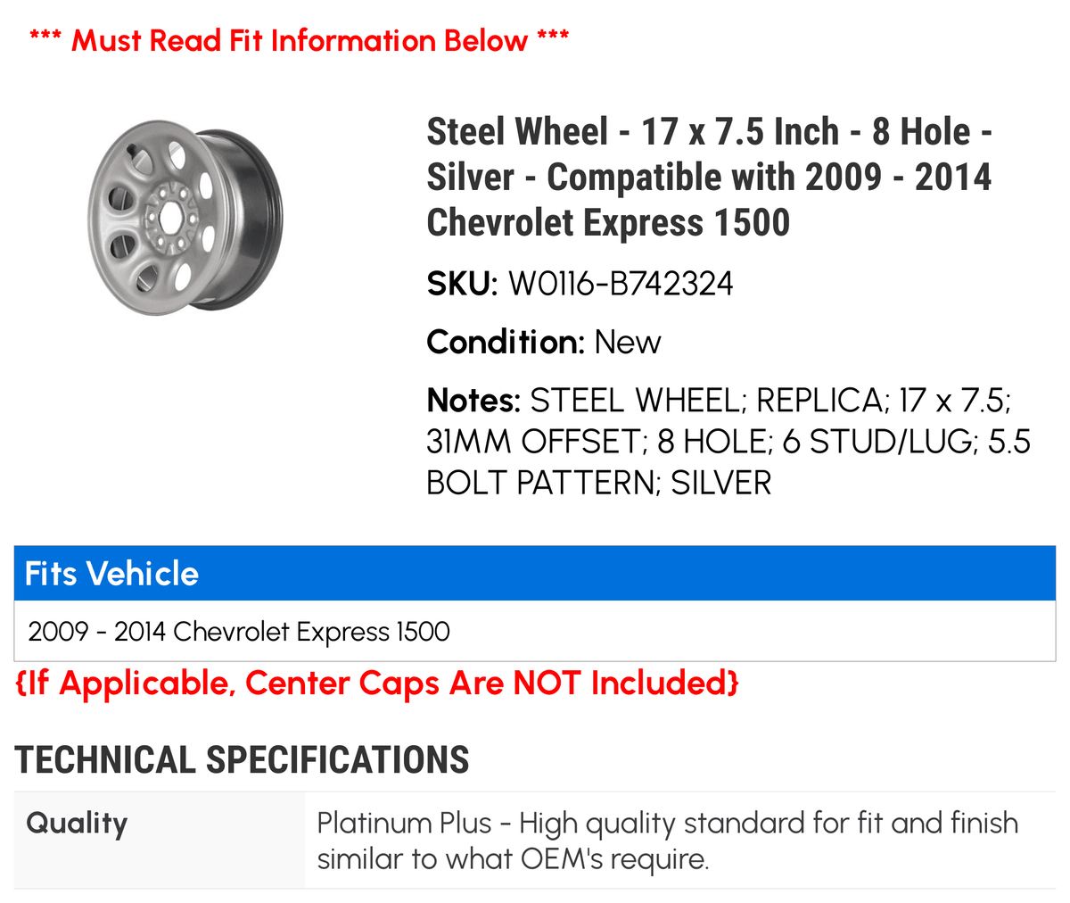 '- Silver 2009 Express 1500 8 Steel - 2011 with 2014 x Wheel 17 - 2010 2013 Hole Compatible Chevy - - 2012 Inch 7.5