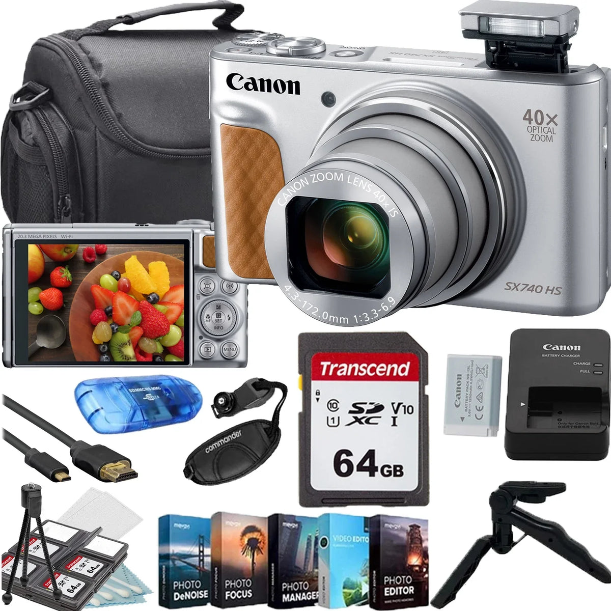 Shoulder Bundle (Silver)+64GB Canon Accessory Camera Digital Card+Camera Tripod+Deluxe Bag+Steady Memory HS PowerShot SX740 Gripster