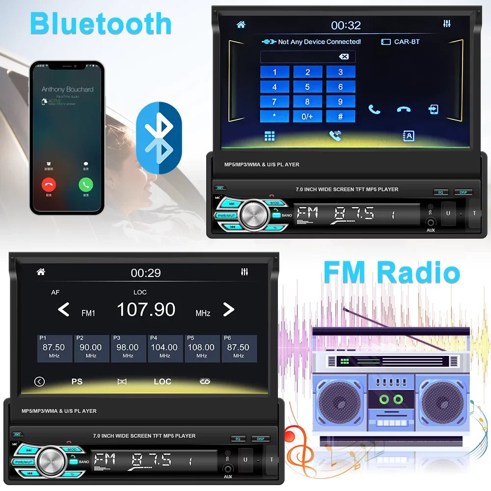 Backup Camera Auto Android Radio Auto with Car Touchscreen HD DIN Player Bluetooth Stereo Carplay 1 Link Function, Universal FM Mirror 7" LED Retractable 12 Podofo Single Video