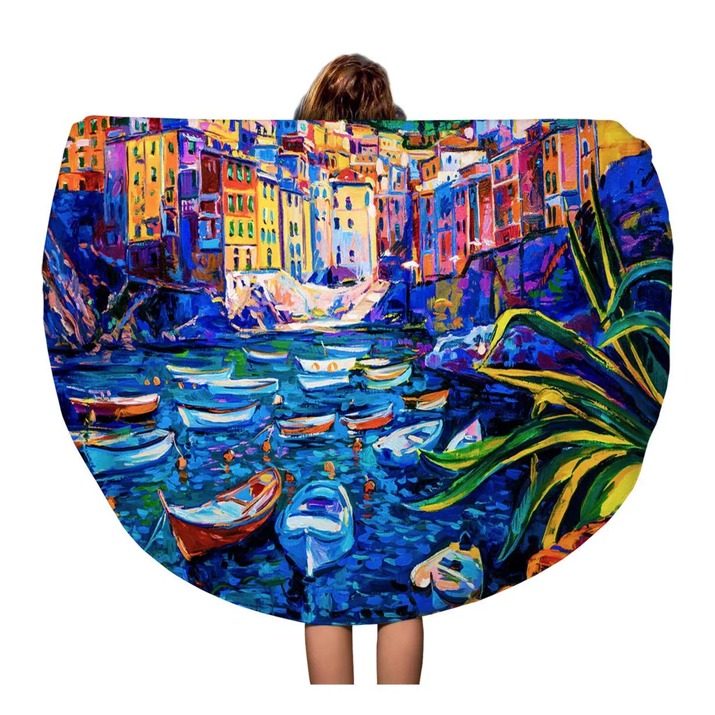 Beach Circle Town Blanket Travel 60 Tapestry Throw Canvas Towel SIDONKU Beach Painting Boats Round Mat inch on Towels Circular Original Old and Oil