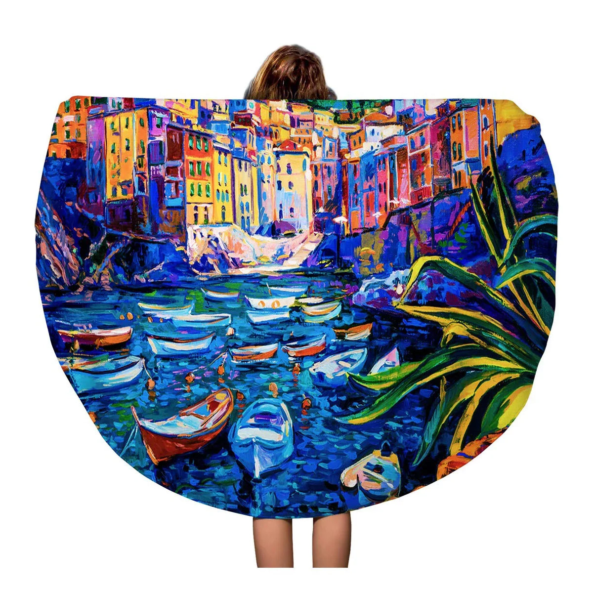 Beach Circle Town Blanket Travel 60 Tapestry Throw Canvas Towel SIDONKU Beach Painting Boats Round Mat inch on Towels Circular Original Old and Oil