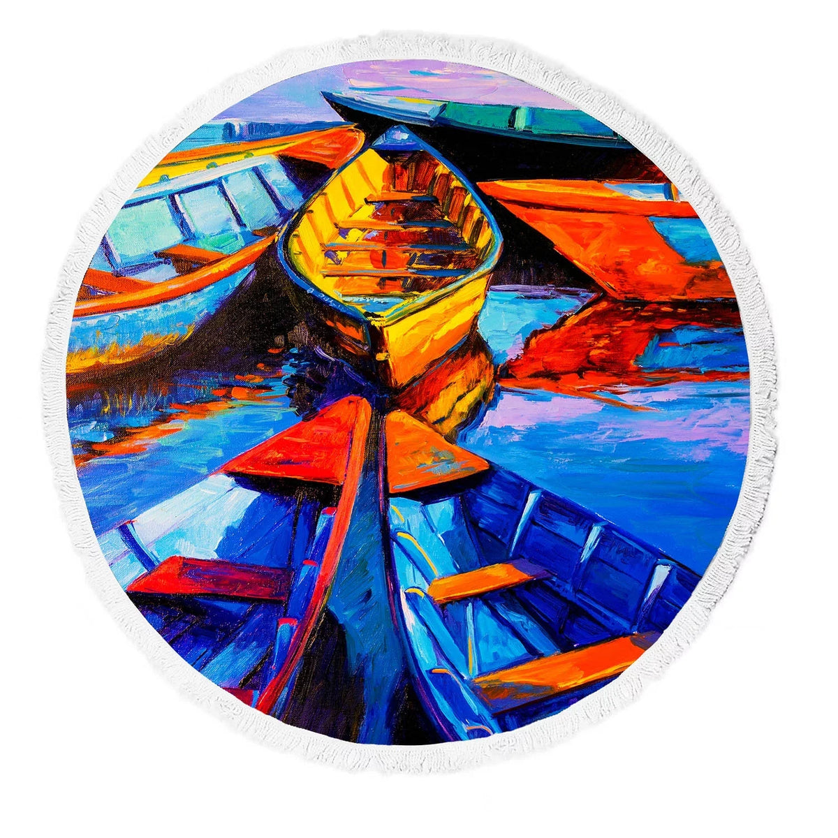 Shawl Yoga Sea Oil Beach Tassels Round Ships Towel Blanket Canvas Beach Beach on Painting YKCG Boats Impressionism Towel Modern Throw with Beach Mat Mats Beach