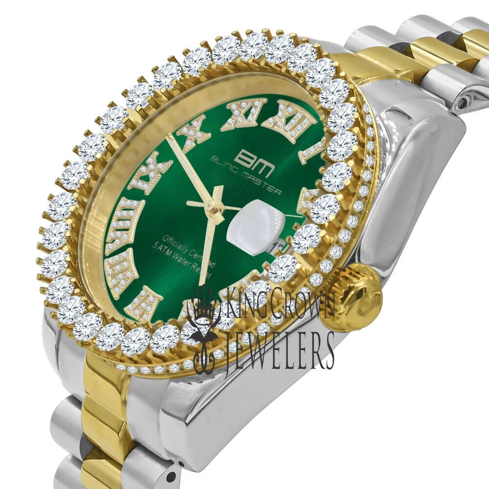 Mens 42mm Stainless Numbers Face Diamond 18k Steel Dial Watch Tone Green Full 2 Gold Roman