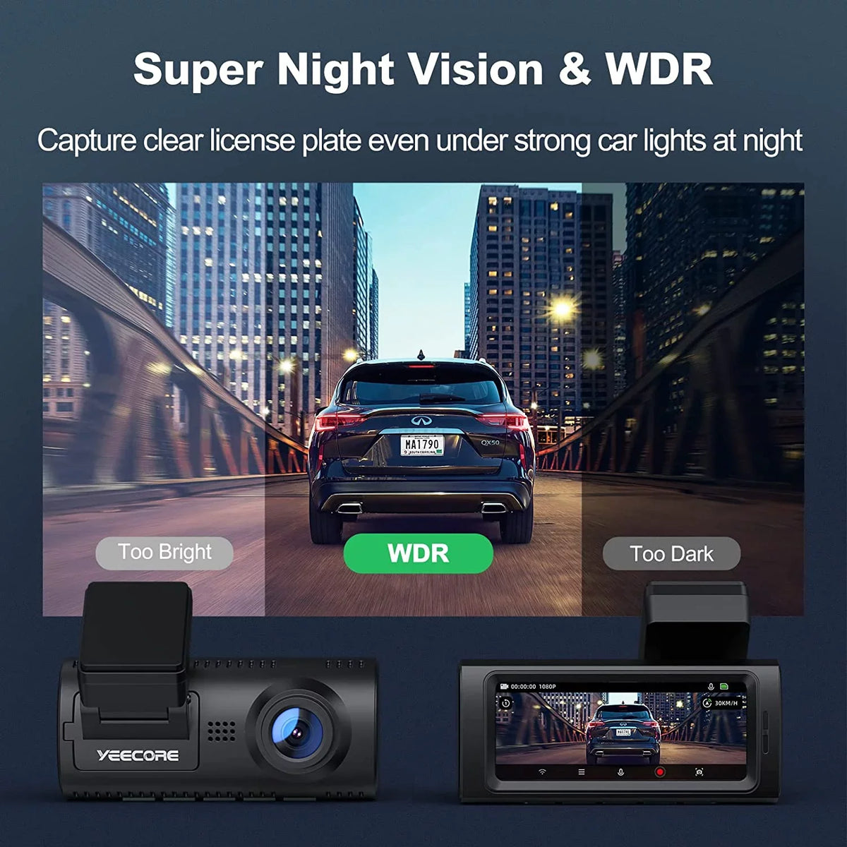 Night Camera Cars G-Sensor, Mount, Cam Vision, Rear, and D32 Dam, WiFi Dash Mode, Super Record Yeecore Built-in App Portable Parking Control, Dash Dash Front Magnetic Accident 2.5K+1080P for Dual GPS,