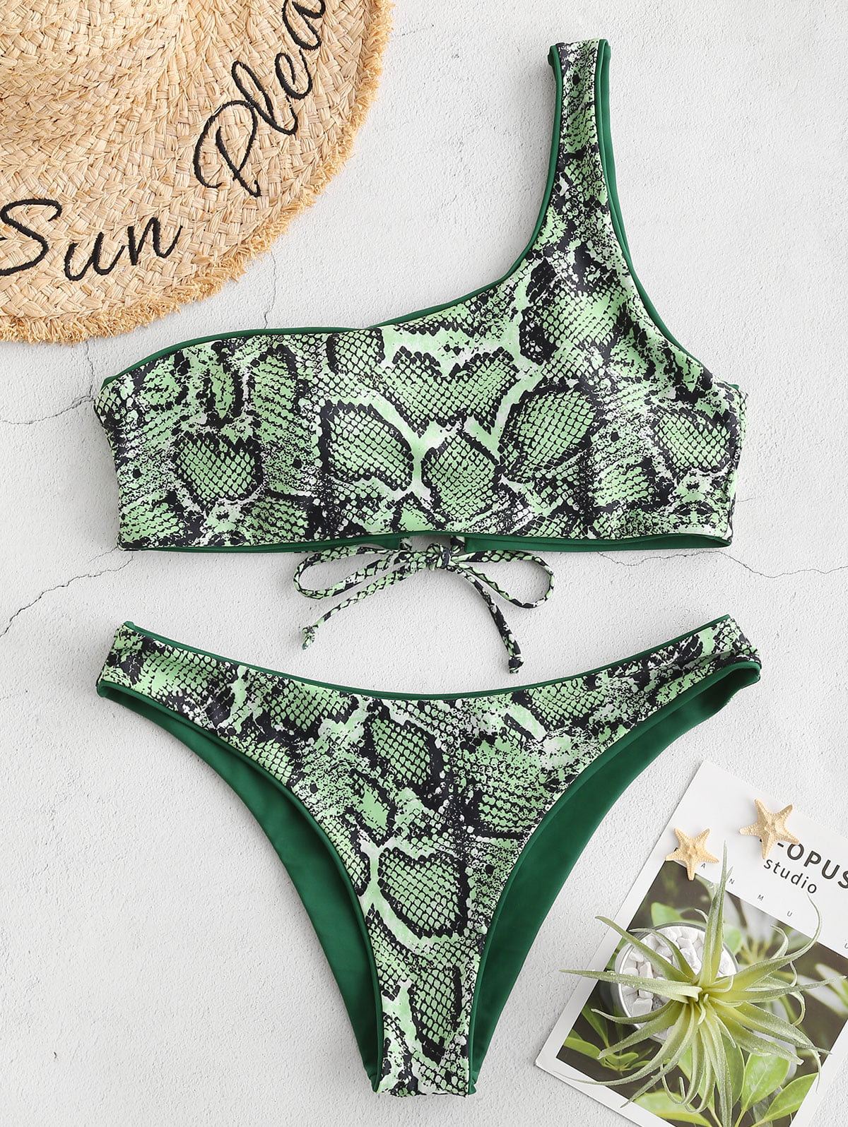 Green Bikini One Set for ZAFUL Medium Women Swimsuit Forest M Snakeskin Reversible Leopard Print Shoulder
