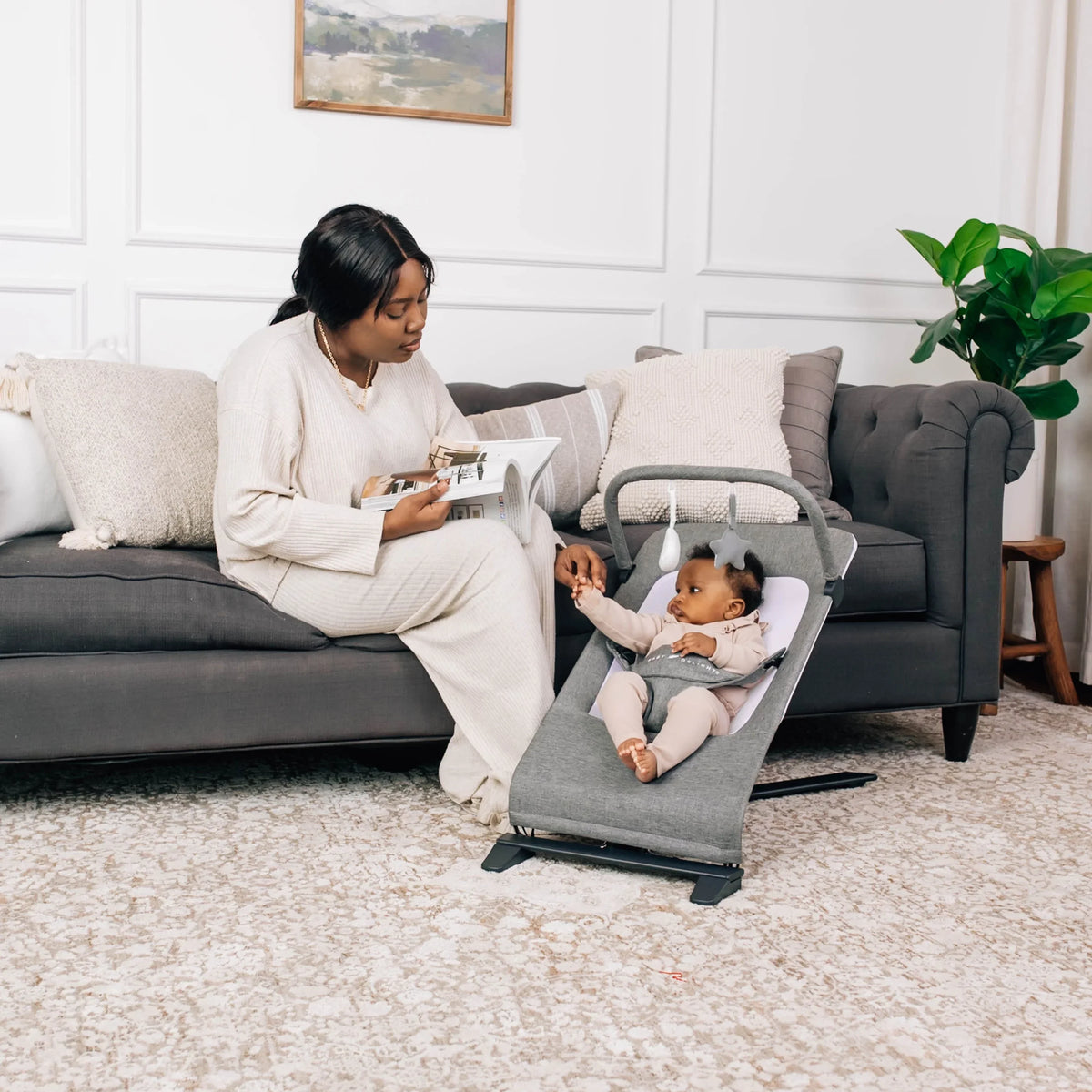 Baby Charcoal Portable 0-6 Deluxe Delight for Tweed Months, Bouncer, Baby Infants Alpine