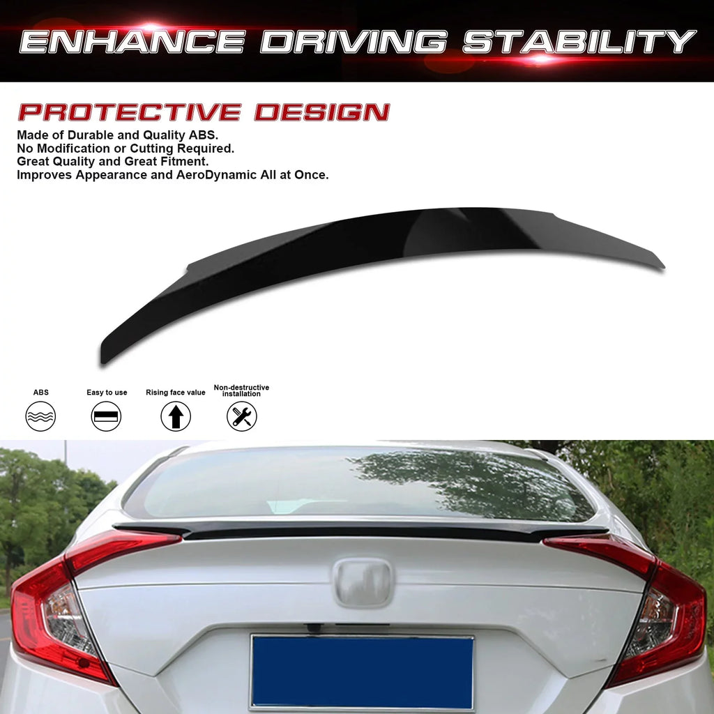 Tech 4DR Compatible 10th Spoiler Black Lip Wing with Xotic Glossy Trunk Rear Civic 2016-2021 JDM design Gen Honda