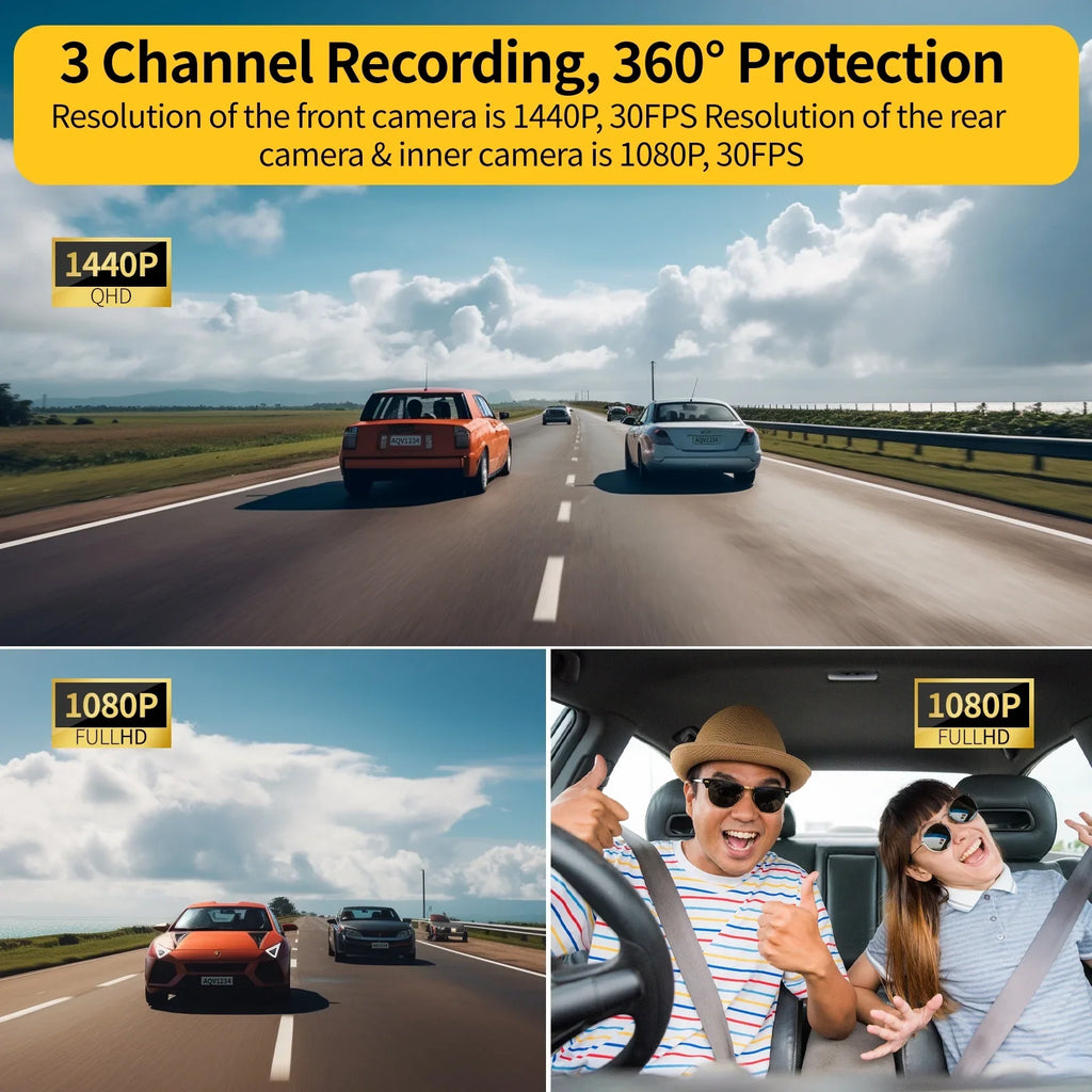 to128GB Inside Rear and Monitoring, Car AQV Front G-Sensor, Night Reverse Infrared DashCam Camera, Parking 3 WDR,up Vision, Channel 2K +1080P+1080P Camera with Loop Recording, ZD60