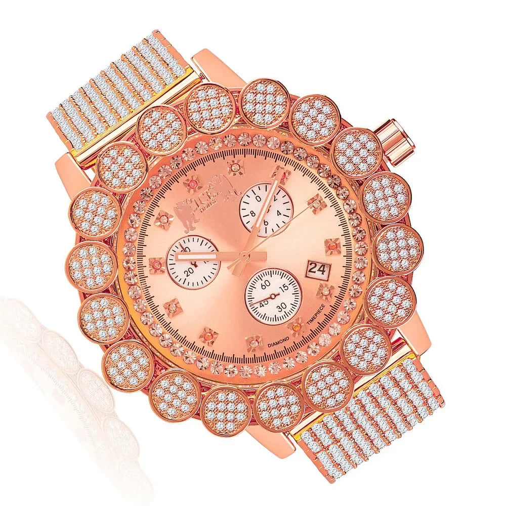 Iced Tone Bezel 14k Real Rose Diamond Face Big Out Flower Khronos W/Date Full Band Men's Gold Watch