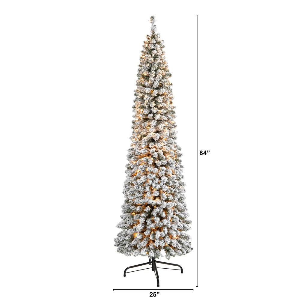 Pencil 400 Artificial Prelit Tree Clear Natural White Lights 7' Christmas Flocked Nearly