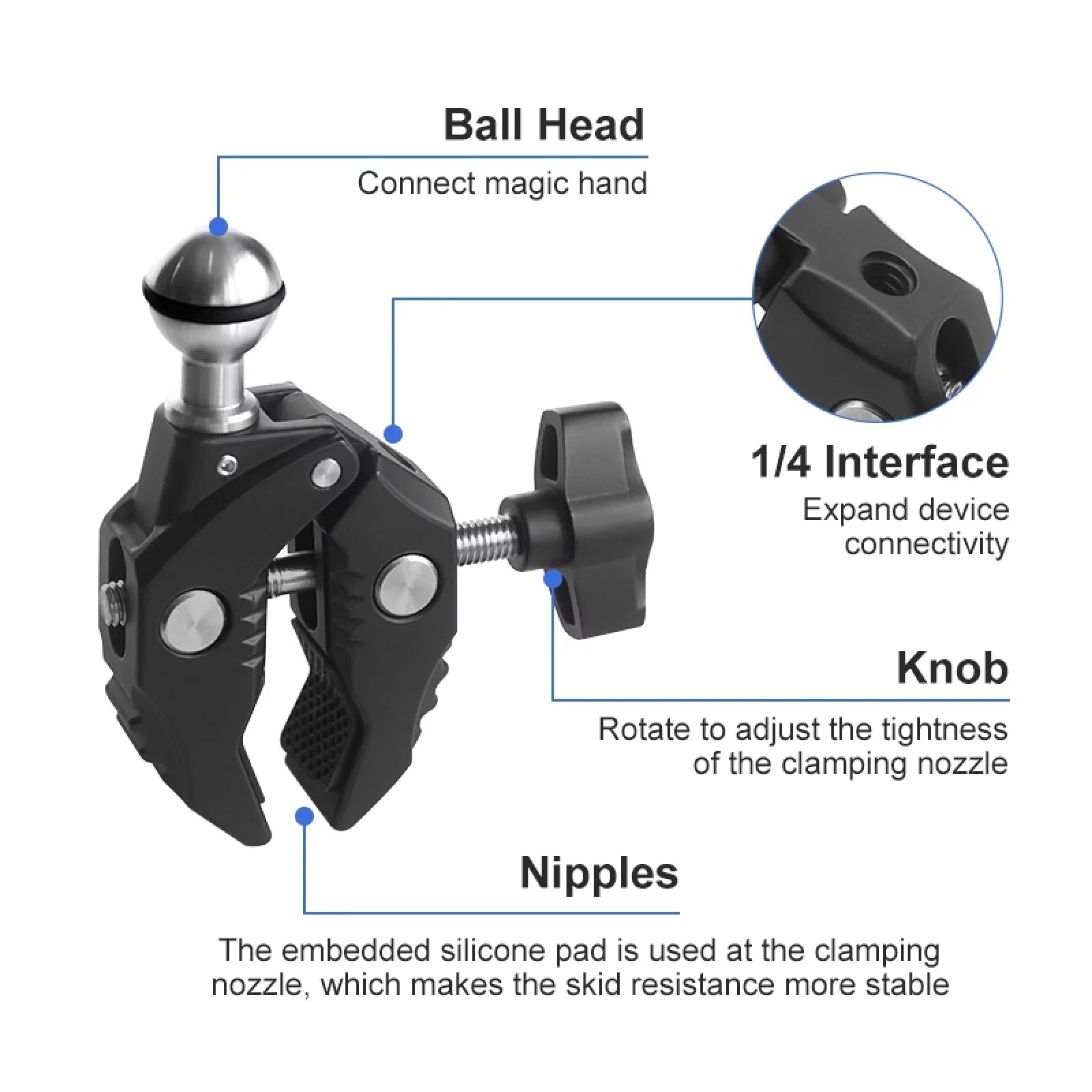 Adapter, Load Alloy - Clamp Adapter, Camera with Dual AKASO, Handlebar Ball DJI, Bicycle Insta360 1.5kg Mount 11/10/9/8/7, Aluminum Rotatable Capacity, Hero Head, Compatible