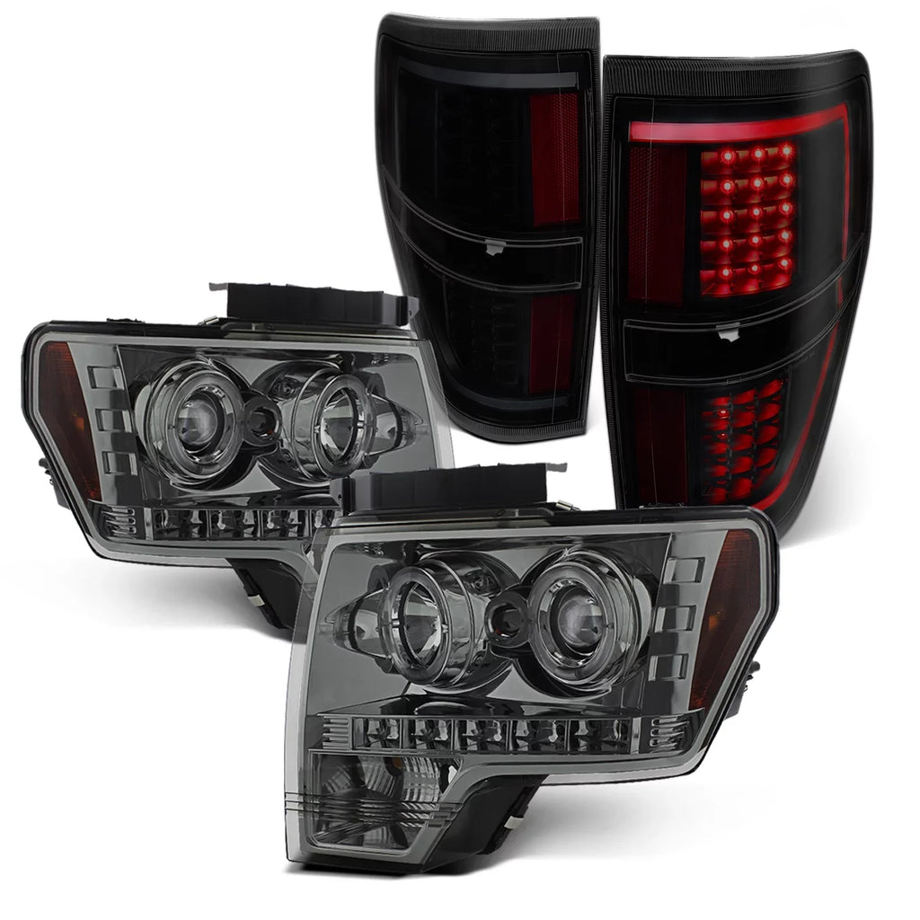 Bar] Black LED Dual Tail F150 AKKON F-150 Lamp Smoked + Smoke Halo Fits [C-Light - 2009-2014 Headlights Projector Combo