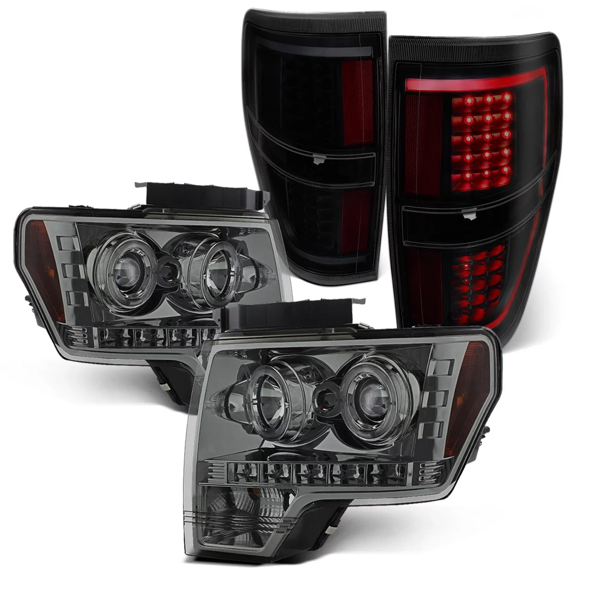 Bar] Black LED Dual Tail F150 AKKON F-150 Lamp Smoked + Smoke Halo Fits [C-Light - 2009-2014 Headlights Projector Combo