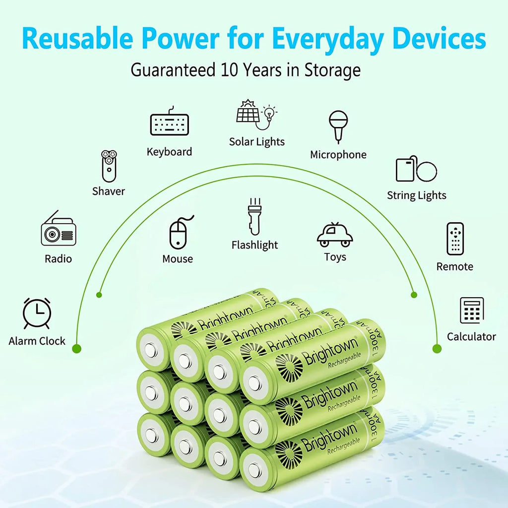 AA, Solar Battery to Pre Brightown A Lights Rechargeable Pack Battery Cycles 12 Double for Devices, up NiMH Recharge Charged 1200 and Household