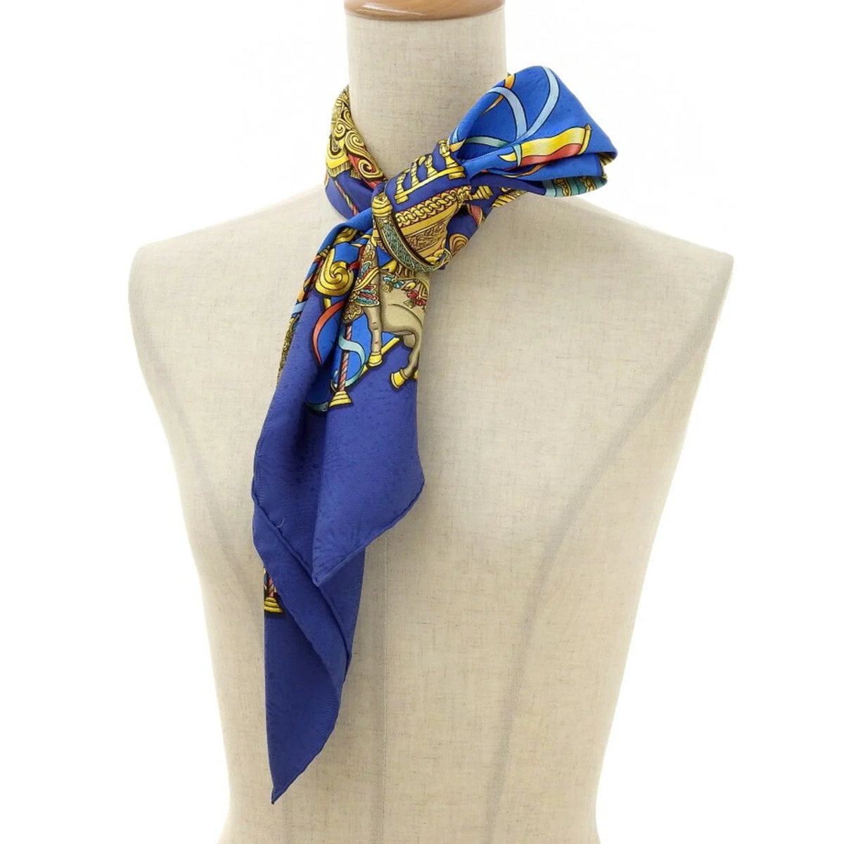 (Good) KARE90 HERMES Silk Pre-Owned Carousel Horse Park Scarf PARK LUNA Blue Amusement Muffler