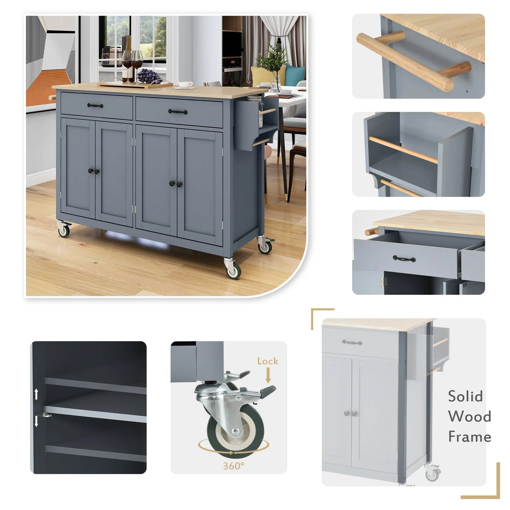 Wood Wheels Granite Grey Cart and Island Top Solid - Blue Kitchen Locking with