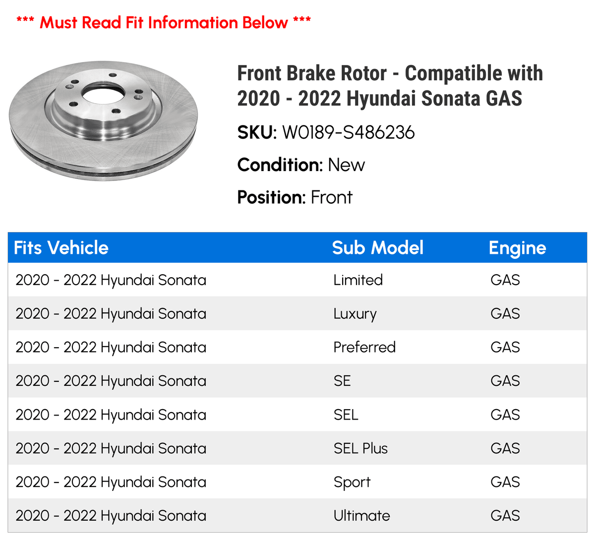 '- 2020 Compatible Disc - Brake Hyundai Front 2022 Sonata Rotor GAS 2021 with