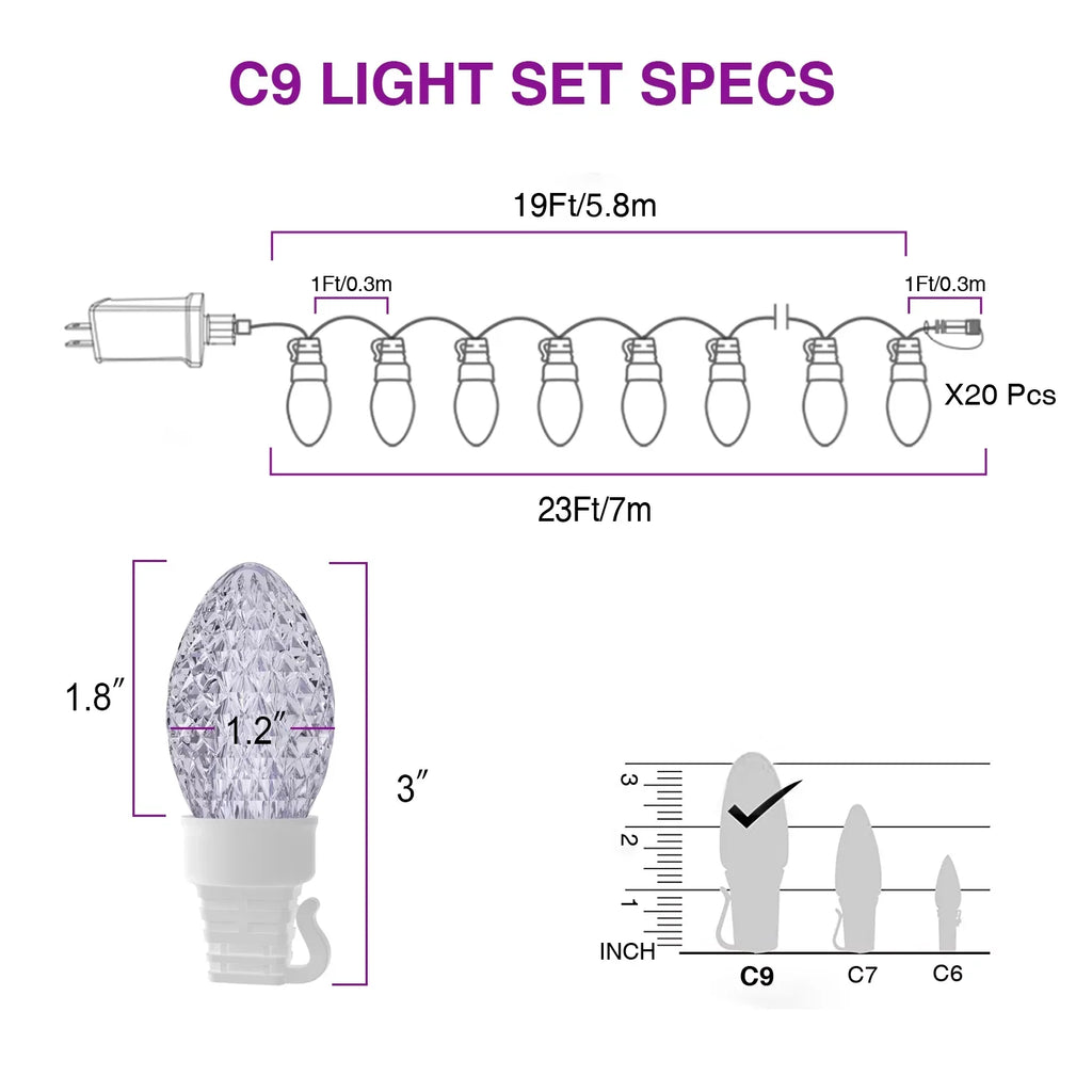 Changing Light 23ft Bulbs String C9 LED Color Lights Christmas Lights exterior, 20 Eva's Waterproof