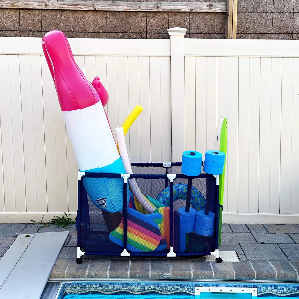 Kids Rolling H), Pool / Floats Toys, Organizer 25" x 28" Balls Storage Height, Noodles and Mesh Bin, 563009 L (43" Equipment design Large, W Blue x White Holder,