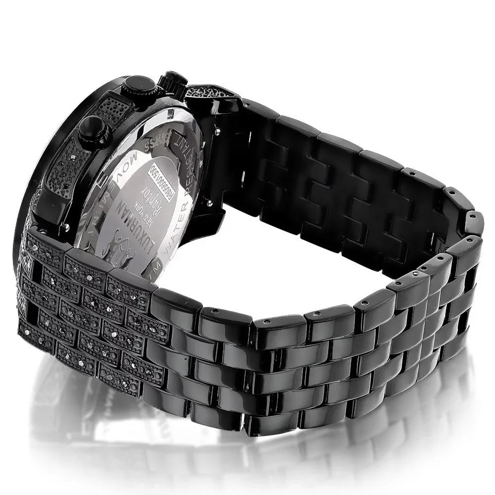 Band Stainless Quartz Strap Extra Black Metal plus Leather Accent Men's Diamond Steel Watch