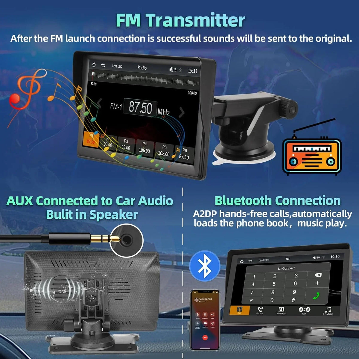 FM Bluetooth Camera Portable Radio with Podofo Android Wireless Screen Link 12-30V Touch TF/USB Carplay Stereo Backup Mirror for Auto Car Car Pickup, 7" Suv Van