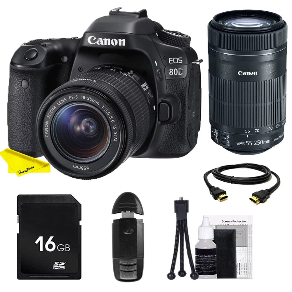 SD with IS IS DSLR EOS 18-55mm Bundle STM & Beginners Canon Lenses Camera Buzz-Photo + Card 55-250 STM + 80D