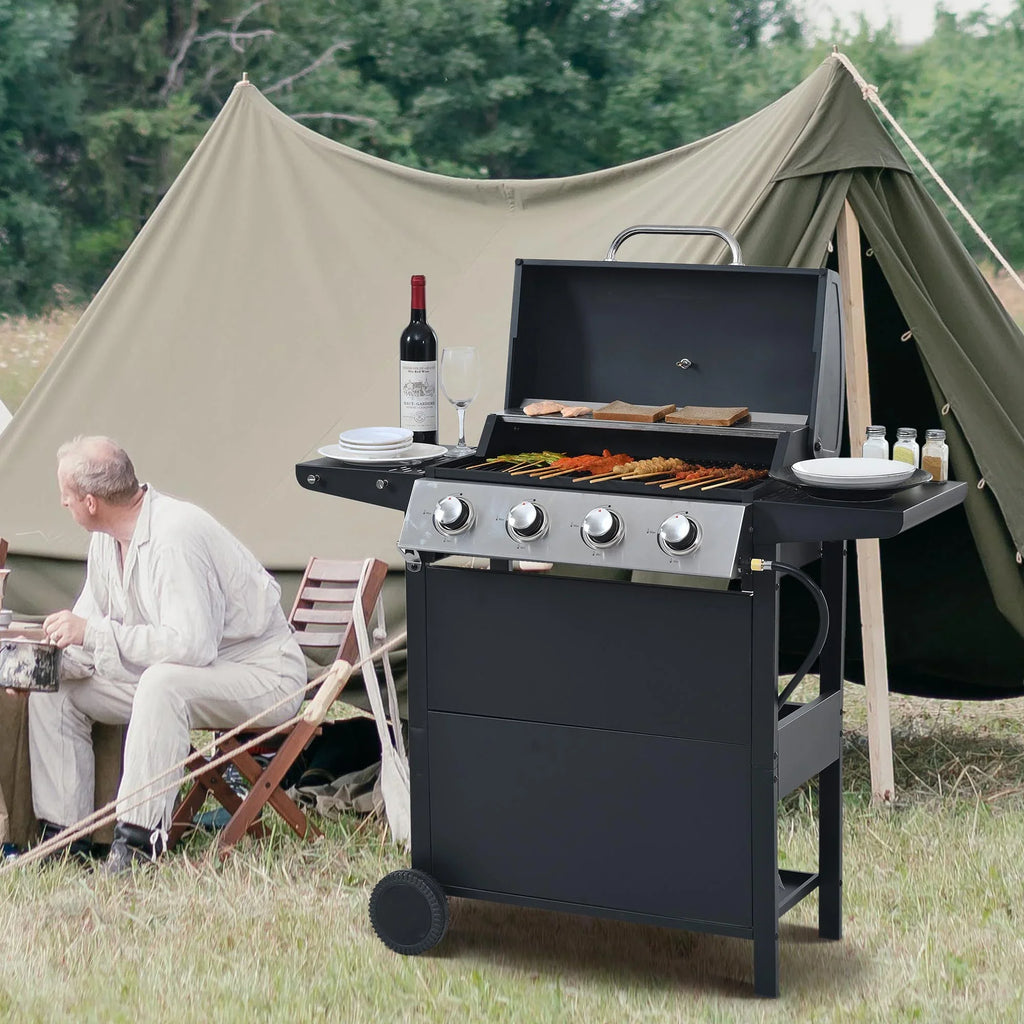 Grill Stainless Side Patio Grilling 4-Burners Gas Space Black Shelves Thermometer Garden Burner Two Steel BBQ - Barbecue