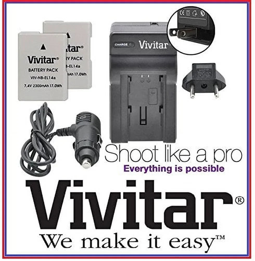 Vivitar Super & Battery For 2-Pc EN-EL14a 2300 Li-Ion D3400 Hi Charger Nikon mAh